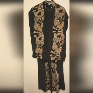 Avanti Vintage Hawaiian Dragon and Tiger Tea Timer Silk Blouse and Pants Set